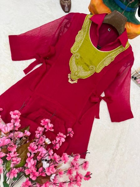 Hot Pink Crunchy Silk Kurti Palazzo Set with Embroidered Koti and Coin Hanging CO ORD Sets