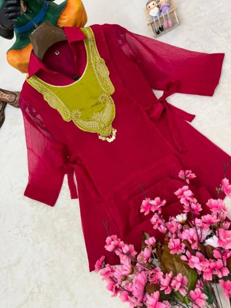 Hot Pink Crunchy Silk Kurti Palazzo Set with Embroidered Koti and Coin Hanging CO ORD Sets