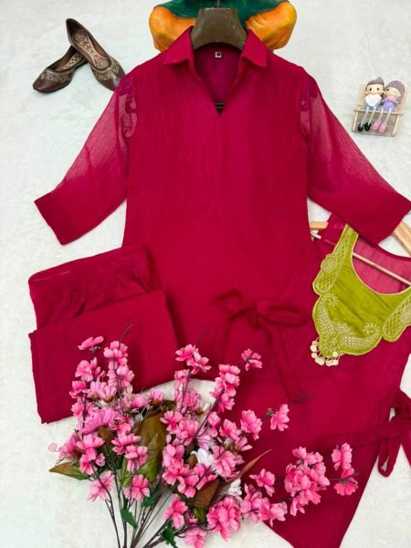 Hot Pink Crunchy Silk Kurti Palazzo Set with Embroidered Koti and Coin Hanging CO ORD Sets