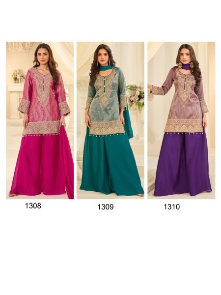 Hot Pink Designer Jacquard Silk Kurti with Embroidered Beads Work and Chinon Pant Designer Plazzo Salwar Suits Wholesale