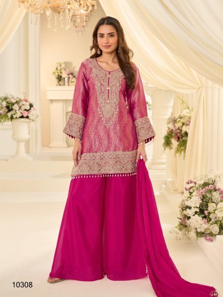 Hot Pink Designer Jacquard Silk Kurti with Embroidered Beads Work and Chinon Pant Designer Plazzo Salwar Suits Wholesale