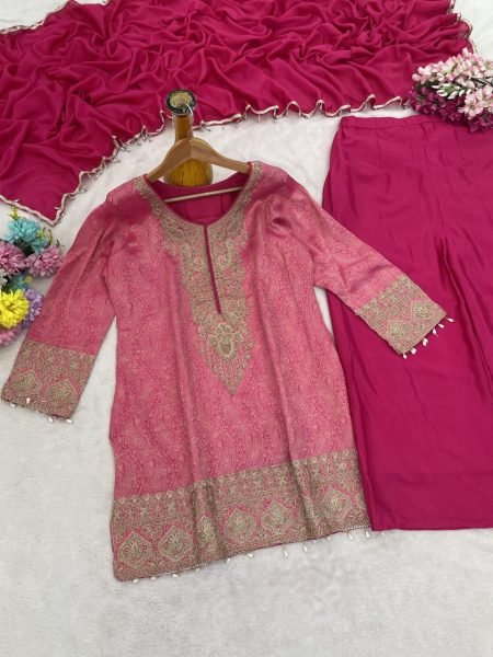 Hot Pink Designer Jacquard Silk Kurti with Embroidered Beads Work and Chinon Pant Designer Plazzo Salwar Suits Wholesale