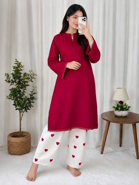 Hot Pink Designer Plain Rayon Cotton Kurti with Embroidered Free Size Palazzo at Factory Price Kurtis