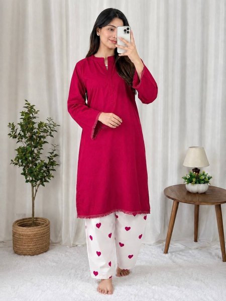 Hot Pink Designer Plain Rayon Cotton Kurti with Embroidered Free Size Palazzo at Factory Price CO ORD Sets