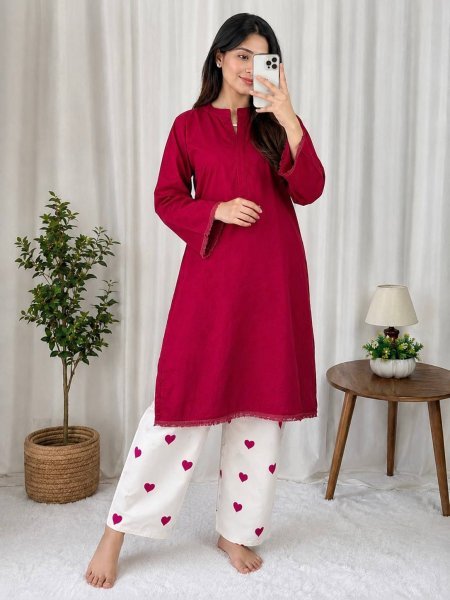 Hot Pink Designer Plain Rayon Cotton Kurti with Embroidered Free Size Palazzo at Factory Price CO ORD Sets