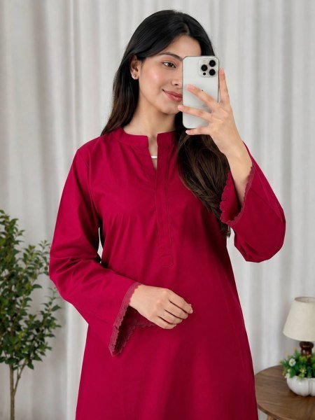 Hot Pink Designer Plain Rayon Cotton Kurti with Embroidered Free Size Palazzo at Factory Price CO ORD Sets