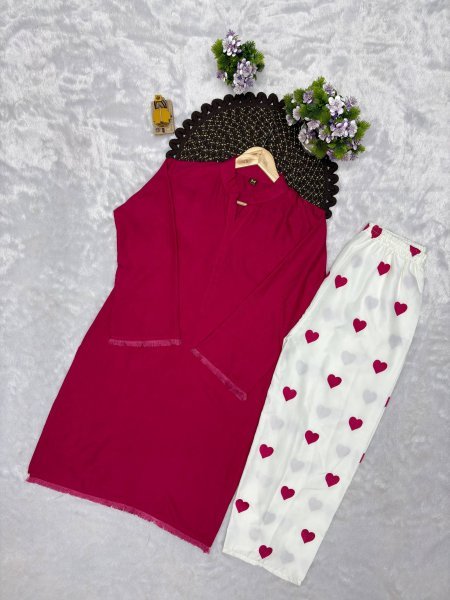Hot Pink Designer Plain Rayon Cotton Kurti with Embroidered Free Size Palazzo at Factory Price CO ORD Sets