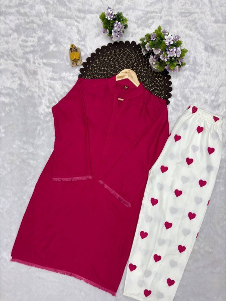 Hot Pink Designer Plain Rayon Cotton Kurti with Embroidered Free Size Palazzo at Factory Price CO ORD Sets