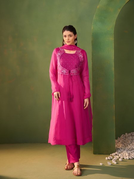 Hot Pink Designer Pure Organza Kurta Dupatta Set With Embroidery Work for Women 