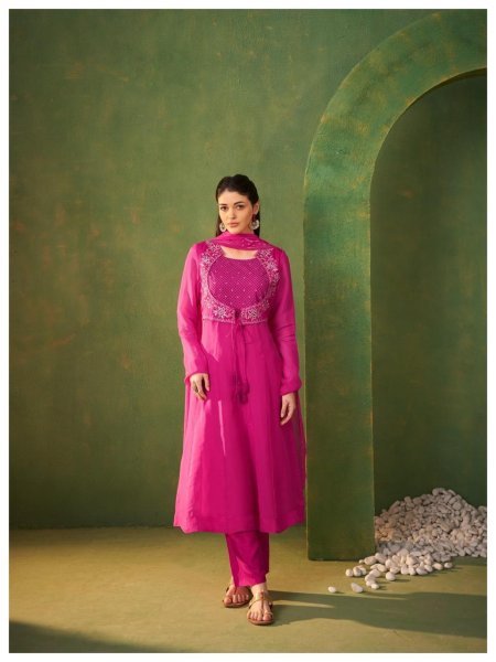 Hot Pink Designer Pure Organza Kurta Dupatta Set With Embroidery Work for Women Embroidery Suits Wholesale