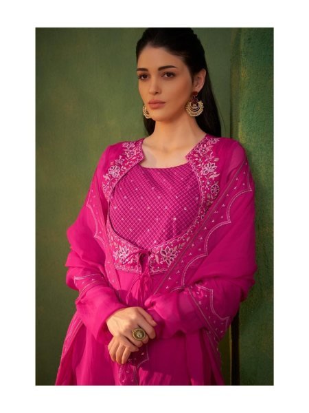 Hot Pink Designer Pure Organza Kurta Dupatta Set With Embroidery Work for Women Embroidery Suits Wholesale
