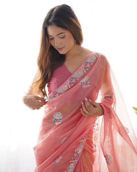 Hot Pink Embroidered Net Saree with Gold Twill   Blouse Party Wear Collection at Best Online Wholesale Price Embroidery Sarees Wholesale