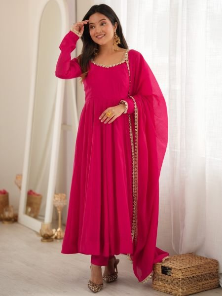 Hot Pink Faux Georgette Digital Print Anarkali Suit with Fancy Lace Dupatta For Party Wear 