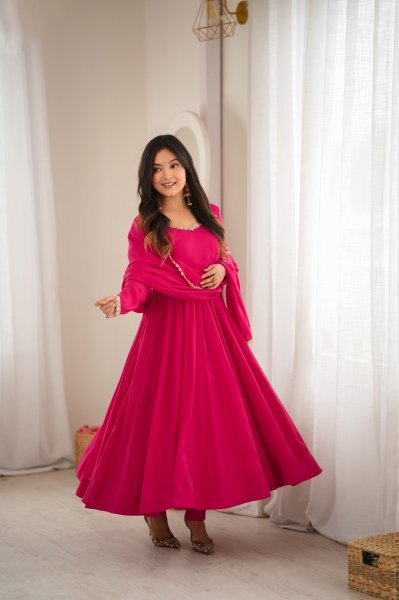 Hot Pink Faux Georgette Digital Print Anarkali Suit with Fancy Lace Dupatta For Party Wear Ready To Wear Collection