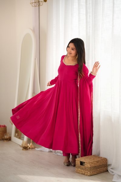 Hot Pink Faux Georgette Digital Print Anarkali Suit with Fancy Lace Dupatta For Party Wear Ready To Wear Collection