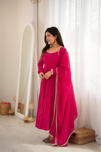 Hot Pink Faux Georgette Digital Print Anarkali Suit with Fancy Lace Dupatta For Party Wear Ready To Wear Collection