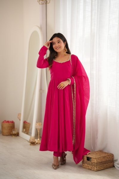 Hot Pink Faux Georgette Digital Print Anarkali Suit with Fancy Lace Dupatta For Party Wear Ready To Wear Collection