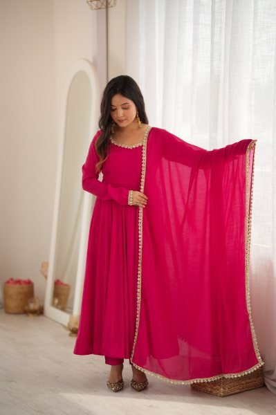 Hot Pink Faux Georgette Digital Print Anarkali Suit with Fancy Lace Dupatta For Party Wear Ready To Wear Collection
