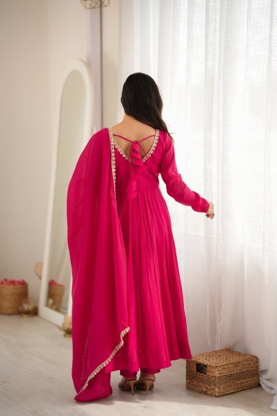 Hot Pink Faux Georgette Digital Print Anarkali Suit with Fancy Lace Dupatta For Party Wear Ready To Wear Collection