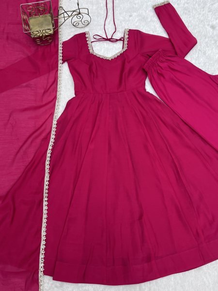 Hot Pink Faux Georgette Digital Print Anarkali Suit with Fancy Lace Dupatta For Party Wear Ready To Wear Collection