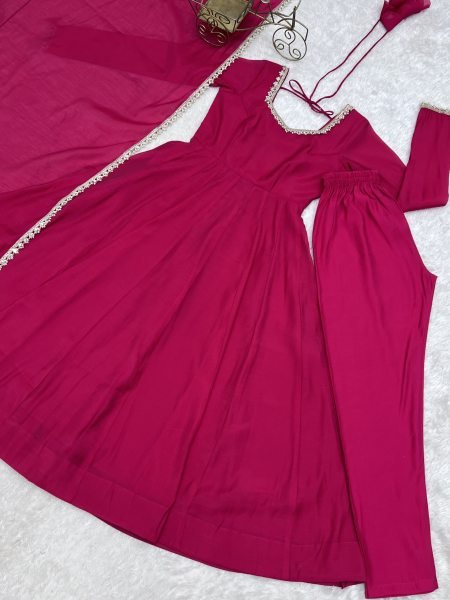 Hot Pink Faux Georgette Digital Print Anarkali Suit with Fancy Lace Dupatta For Party Wear Ready To Wear Collection