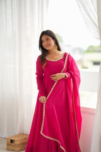 Hot Pink Faux Georgette Digital Print Anarkali Suit with Fancy Lace Dupatta For Party Wear Ready To Wear Collection