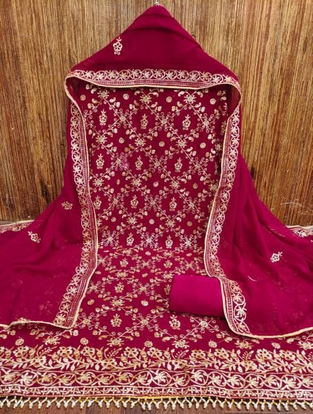Hot Pink Georgette Multi Sequence Work Semi Stitched Suit with Dupatta  Color Set Matching Dress Material Wholesale