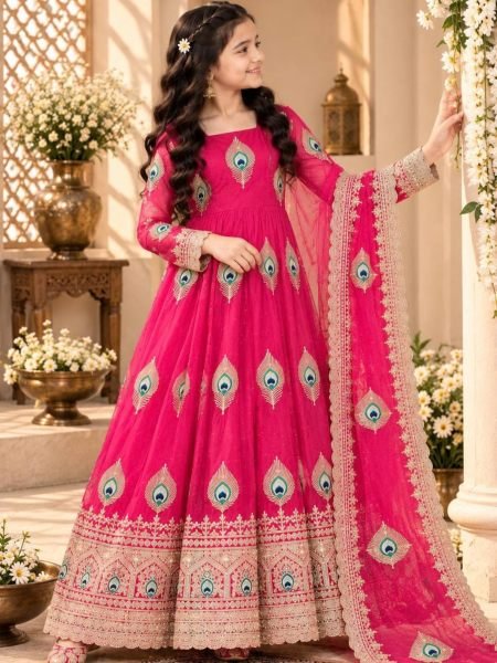 Hot Pink Girls Heavy Fendy Silk Gown with Thread Zari and Sequin Work at Wholesale Rate 