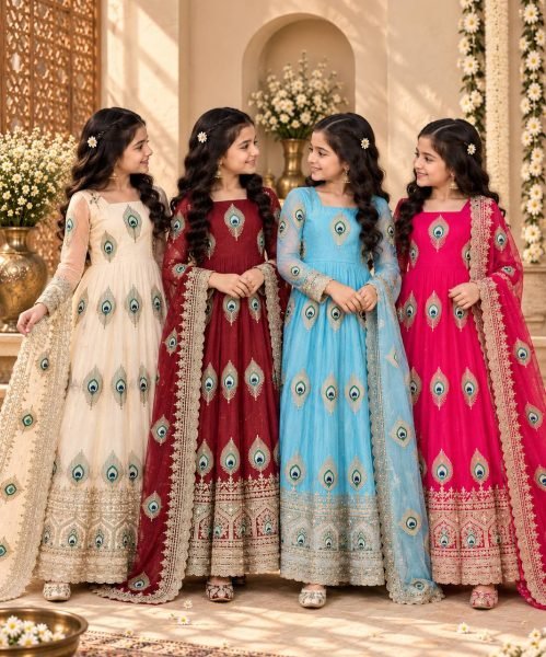 Hot Pink Girls Heavy Fendy Silk Gown with Thread Zari and Sequin Work at Wholesale Rate Girls Wear