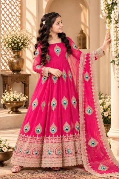 Hot Pink Girls Heavy Fendy Silk Gown with Thread Zari and Sequin Work at Wholesale Rate Girls Wear