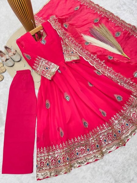 Hot Pink Girls Heavy Fendy Silk Gown with Thread Zari and Sequin Work at Wholesale Rate Girls Wear