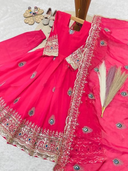 Hot Pink Girls Heavy Fendy Silk Gown with Thread Zari and Sequin Work at Wholesale Rate Girls Wear