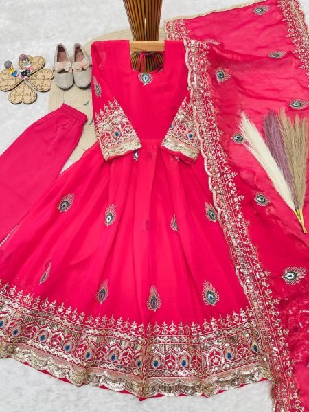 Hot Pink Girls Heavy Fendy Silk Gown with Thread Zari and Sequin Work at Wholesale Rate Girls Wear
