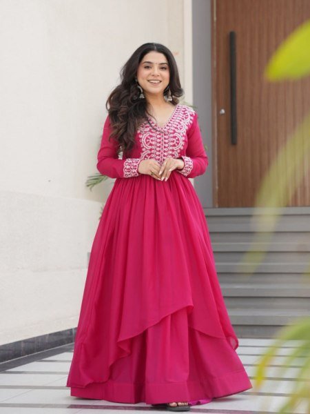 Hot Pink Layered Anarkali Gown with Thread Embroidery Ready to Wear Anarkali Kurtis 