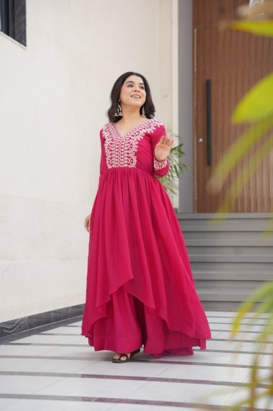 Hot Pink Layered Anarkali Gown with Thread Embroidery Ready to Wear Georgette Kurti 