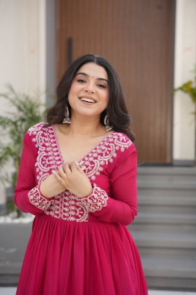 Hot Pink Layered Anarkali Gown with Thread Embroidery Ready to Wear Georgette Kurti 