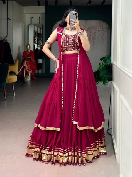Hot Pink Navratri Lehenga with Handcrafted Gamthi Blouse and Mirror Work Long Koti  Navratri Lehnega Choli