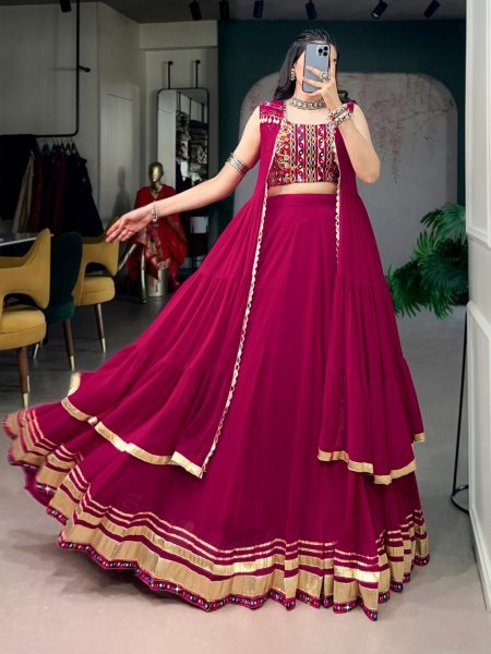 Hot Pink Navratri Lehenga with Handcrafted Gamthi Blouse and Mirror Work Long Koti  Navratri Lehnega Choli