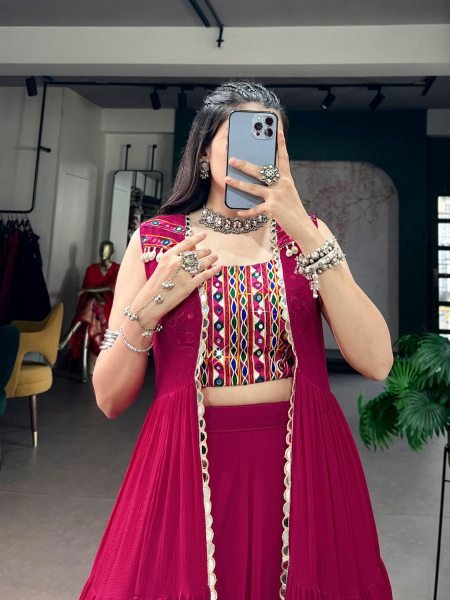 Hot Pink Navratri Lehenga with Handcrafted Gamthi Blouse and Mirror Work Long Koti  Navratri Lehnega Choli