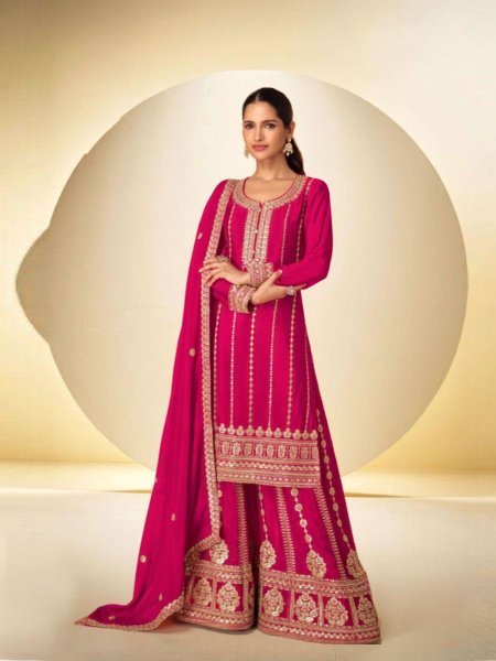 Hot Pink Party Wear Chinon Palazzo Suit with Heavy Embroidered Top and Dupatta Designer Plazzo Salwar Suits Wholesale