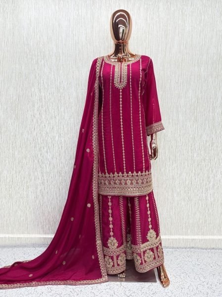 Hot Pink Party Wear Chinon Palazzo Suit with Heavy Embroidered Top and Dupatta Designer Plazzo Salwar Suits Wholesale