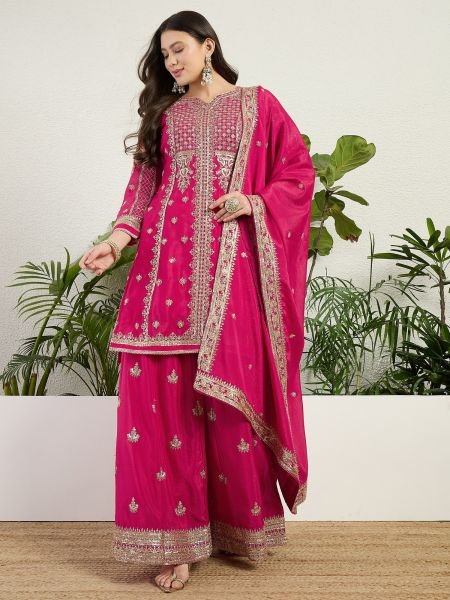 Hot Pink Chinon Kurti Pant Set with Designer Dupatta For Wedding Salwar Kameez