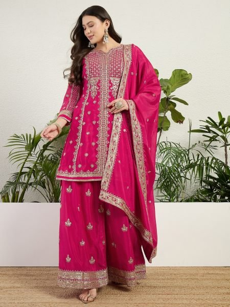 Hot Pink Chinon Kurti Pant Set with Designer Dupatta For Wedding Designer Plazzo Salwar Suits Wholesale
