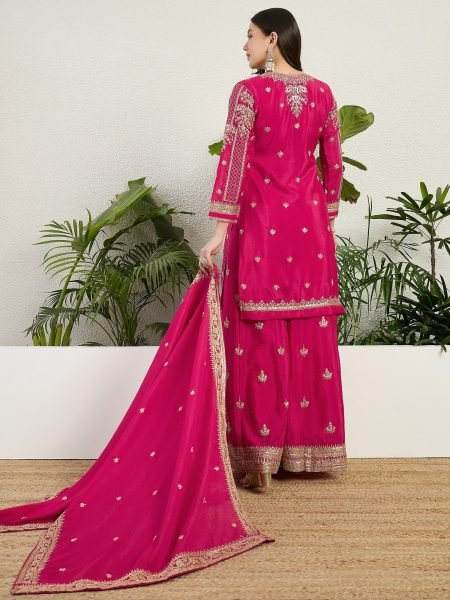 Hot Pink Chinon Kurti Pant Set with Designer Dupatta For Wedding Designer Plazzo Salwar Suits Wholesale
