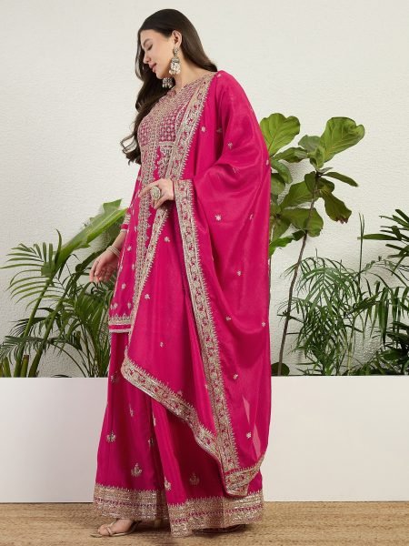 Hot Pink Chinon Kurti Pant Set with Designer Dupatta For Wedding Designer Plazzo Salwar Suits Wholesale