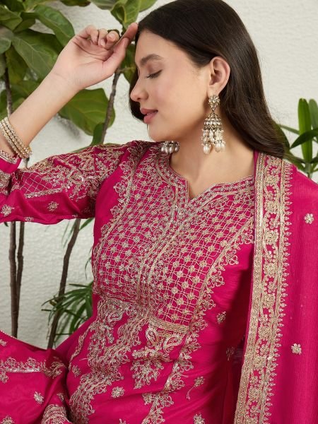 Hot Pink Chinon Kurti Pant Set with Designer Dupatta For Wedding Designer Plazzo Salwar Suits Wholesale