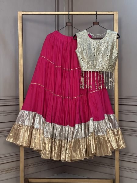 Hot Pink Rayon Lehenga with Standard Frill and Gold Organza Mirror Blouse For Garba Night 