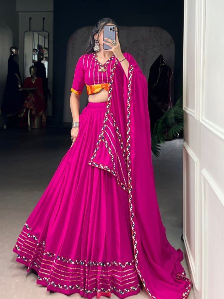 Hot Pink Rayon Mirror Gamthi Work Lehenga with Dupatta Navratri Collection  Lehenga