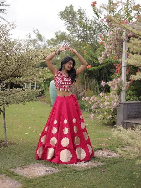 Hot Pink Roman Silk Lehenga Choli with Fully Stitched Blouse and Round Gota Work  Lehenga