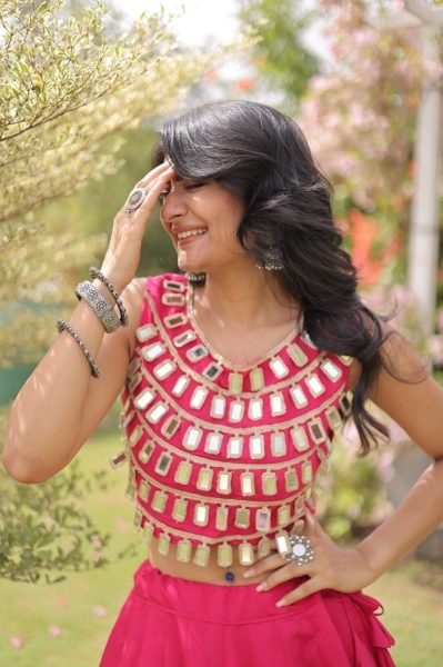 Hot Pink Roman Silk Lehenga Choli with Fully Stitched Blouse and Round Gota Work Navratri Lehnega Choli
